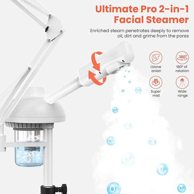 TASALON 2-in-1 Professional Facial Steamer with 5X Magnifying Lamp, Esthetician Steamer on Wheels, White, Facial Steamer, Cleansing, Hydrating, Pore Treatment