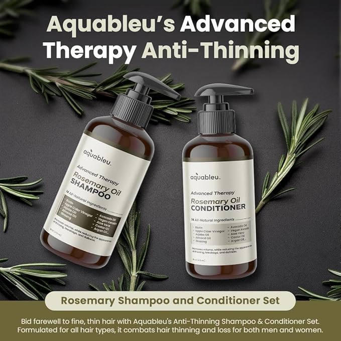 Aquableu Advanced Therapy Anti-Thinning Rosemary Oil Shampoo & Conditioner Set - Infused with 14 All-Natural Ingredients for Volume, Strength, Thickness, and Dullness Reduction (16oz)