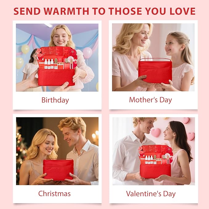 33 pcs Valentines Day Gifts for Women, Red Rose Spa Bath & Body Gift Set, Face Sheet Mask Skin Care, Hydrogel Mask, Lip Gloss, Cosmetic Bag, Serum, Necklace, Cleanser, Gua Sha, Mother Day, Birthday
