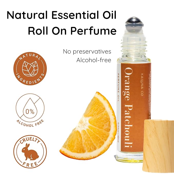 Orange Patchouli Delicious Natural Pure Essential and Fragrance Oil Perfume Roll On with Organic Jojoba Oil, Eau de Toilette, Alcohol Free, Small-Batch, Made in California