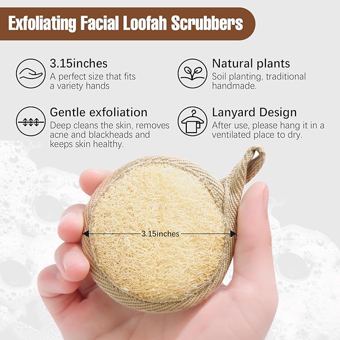 Face Exfoliating Loofah Scrubber Exfoliator Pads - Natural Luffa Facial Sponges Brush for Cleansing Exfoliation, Manual Face Cleanser Pad for Scrub Clean Facial Skin for Men Women Bath Shower, 6 Pack