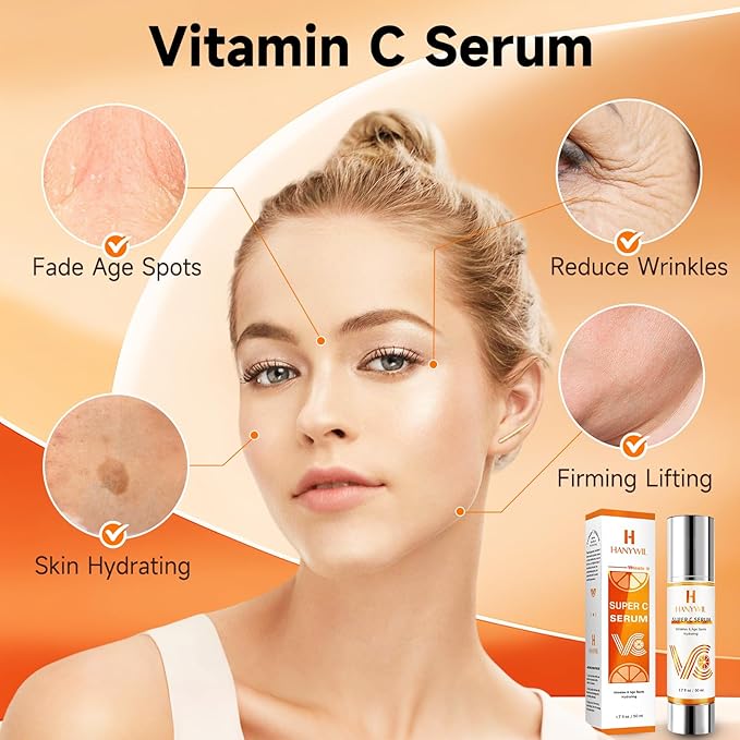 HANYWIL Vitamin C Serum for Mature Skin, 20% Vitamin C Face Serum with Hyaluronic Acid, Dark Spot Remover, Hydrating Skincare for Wrinkle Reduction, Lifting & Firming - 1.7 fl oz