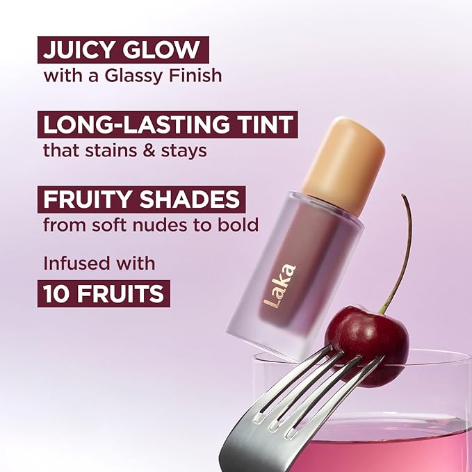 Laka Fruity Glam Tint, 4.5g/0.15oz, Glowing Lip Stain with Wide Color Spectrum, Hydrating & Lightweight Texture, Buildable Color, Non-Sticky, Vegan, K-Beauty (#148 Acai)