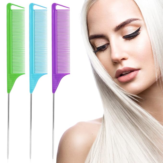 Rat Tail Teasing Combs Set: 3 Long Steel Pin Combs for Parting Hair - Salon Styling Combs for Women (Purple, Green, Blue)