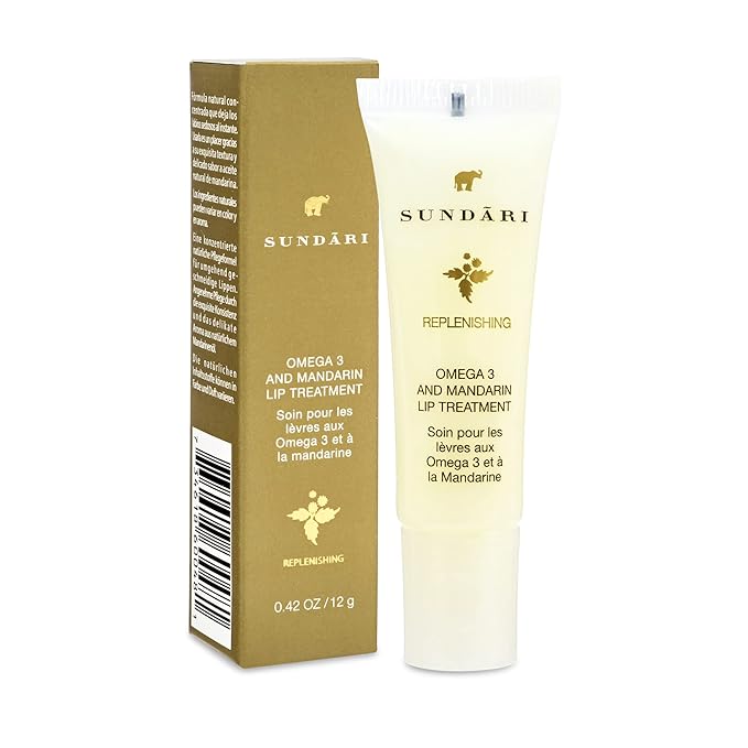 SUNDARI Omega 3 and Mandarin Lip Treatment, 0.42 Fl Oz, Hydrating Lip Balm for Dry, Chapped Lips, Nourishes, Soothes, and Heals Lips, Reduces Lines