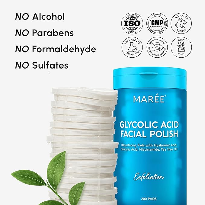 MAREE Glycolic Acid Pads – 200 Toner Pads for Face Cleansing – Facial Exfoliating Pad with Tea Tree Oil, Salicylic Acid & Vitamins E, B3, B5 – Acne Clearing Face Pad, Skin Pore Resurfacing & Radiance