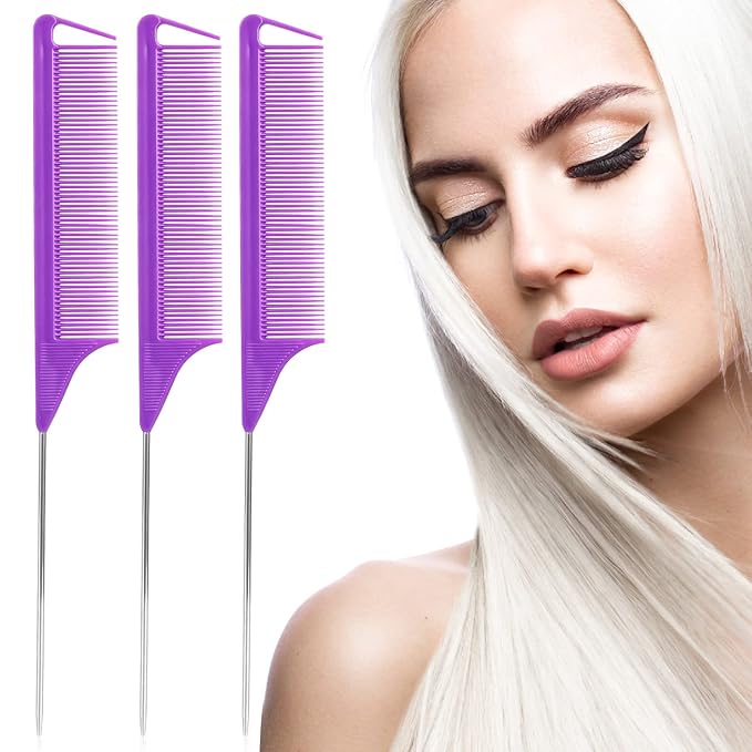 Rat Tail Steel Pin Teasing Combs Set: 3 Pack Hair Styling Combs for Parting and Teasing All Hair Types (Purple)