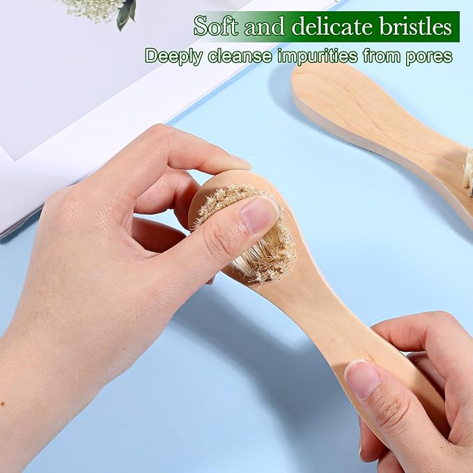 2 Pcs Dry Brush for Face, Natural Bristles Facial Exfoliating Brush with Wooden Handle Mini Face Cleansing Brushes for Women Men