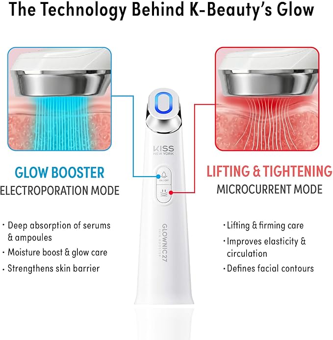 KISS NEW YORK GLOWNIC27 Facial Beauty Device, Microcurrent Glass Glow Skin Booster for Enhancing Korean Skin Care Absorption and Ability to Lift, Improves Hydration Barrier, Elasticity, Even Tone