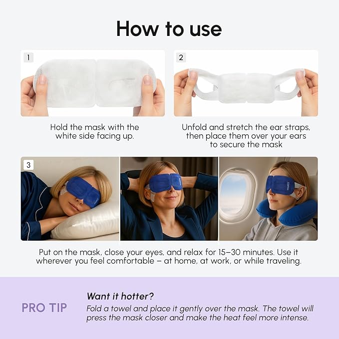 MAREE Steam Eye Mask — 3-in-1 Heated Eye Mask for Dry Eyes — Masks for Women for Puffy Eyes — Steam Eye Masks Disposable — Warm Compress for Eye — Spa Gifts for Women Relaxation — Travel Essentials