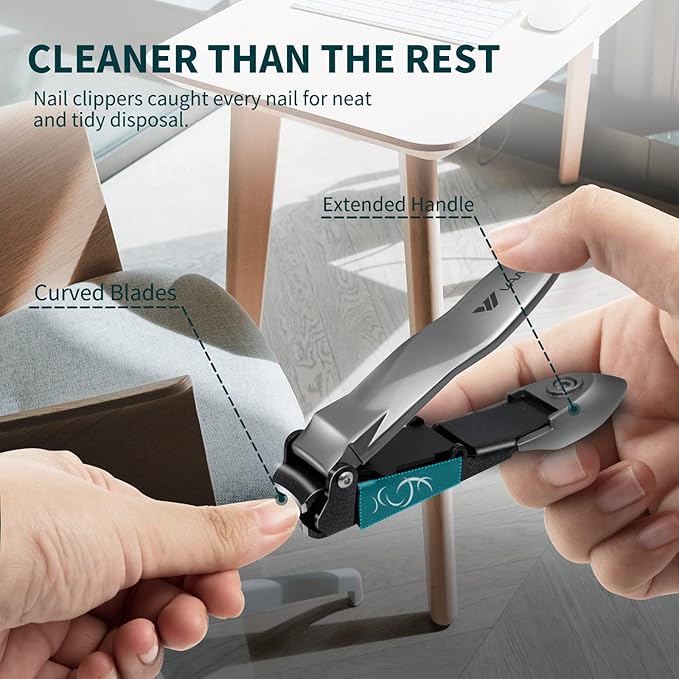 Nail Clippers with Catcher, No Splash Fingernail Toenail Clippers with Sharp Curved Blade and Glass Nail File, Wide Jaw Opening Stainless Steel Nail Cutter Trimmer for Seniors Adult Men Women