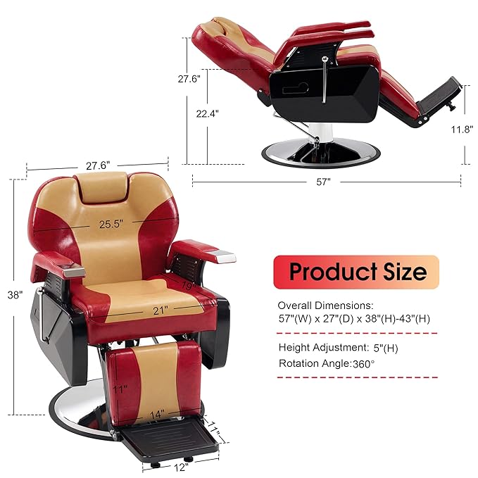 BarberPub Heavy Duty Reclining Barber Chair, All Purpose Hydraulic Salon Chairs for Hair Stylist, Barbershop Salon Tattoo 2688(Yellow&Red)