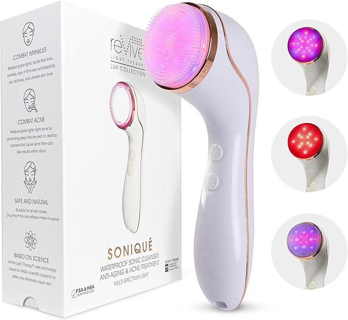 reVive Light Therapy Lux Collection Soniqué Cleanser, Sonic Face Cleanser Brush with Medical-Grade Red Light Therapy for Face, Water-Resistant