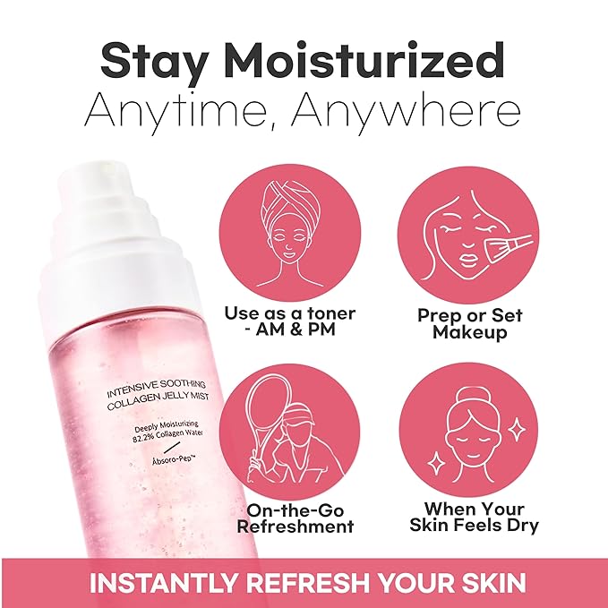 Intensive Soothing Collagen Jelly Mist, Deep Hydrating Pink facial mist, Elasticity Moisturizer, Dewy Glow Spray, Hyaluronic Acid, Lightweight Gentle for All Skin, Korean skin care 1.01 fl oz