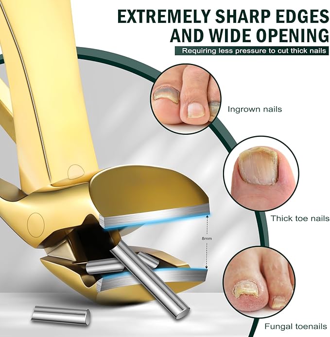 FVION Ergonomic Seniors Toenail Clippers, Curved Head Toe Nail Clippers for Thick Nails with Nail Catcher and Metal Nail File, Precision Nail Care Tool for Easier Trimming (Gold)