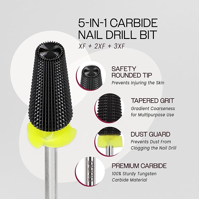 PANA 3/32" Shank 5-in-1 Nail Carbide Bit - (Triple Coarse - Extra Fine Grit, DLC Black) - Two Way Rotate use for Both Left and Right Handed Fast remove Acrylic or Hard Gel Machine
