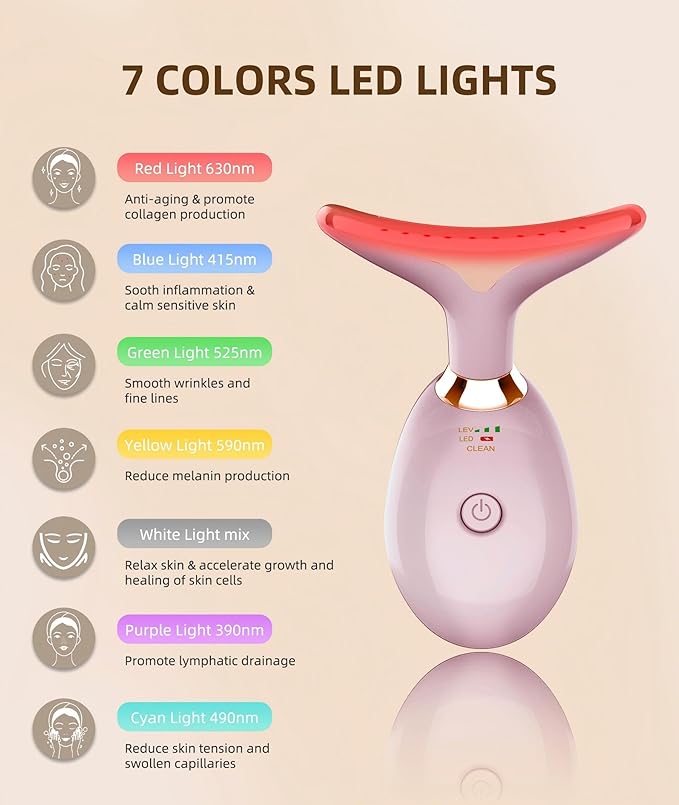 Red Light Therapy for Face and Neck, 7 Color Light Based Face Massager Tool, Portable Skin Care Tool for Firming, Tightening and Lifting (Glossy Pink)