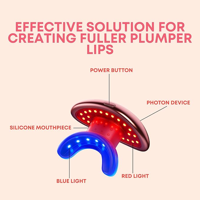 Rayvia - Red Light Therapy Device for Face, Lips - Lip Plumper - Collagen Booster - Anti-Aging Skincare Tool for Women - Fine Line Reducer - Blue Light Whitening Mouthpiece - Home Beauty (Rose Gold)