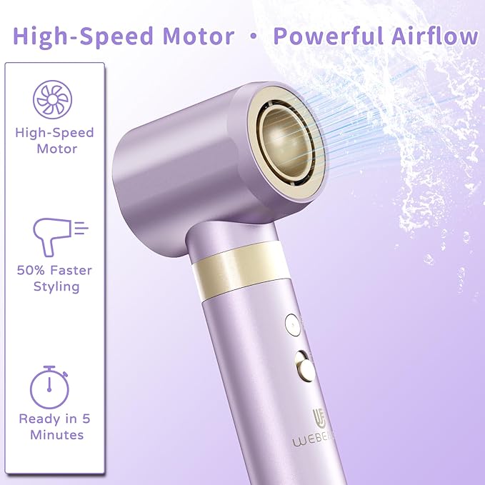 Hair Dryer Brush 8-in-1 Dual Voltage Hot Air Styler – Fast-Drying 110,000 RPM Ionic Blow Dryer with Straightener & Curler Attachments, Frizz-Free Volumizing Styler with Protective Hard Case-Purple