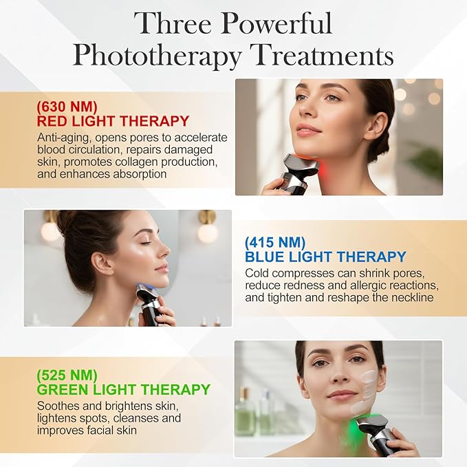 Red Light Beauty Device for Face and Neck, Based on High-end Red and Blue LED Light, Facial Cold and Hot, Vibration Technology, 3 Color Led Face and Neck Beauty Device for Home Use, Jet-Black