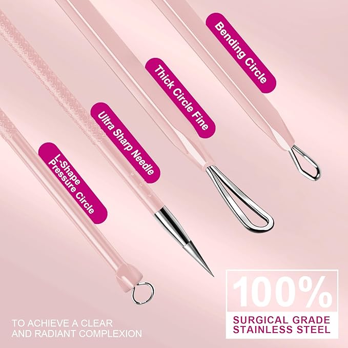 Teenitor Pimple Extractor Acne Treatment Tool Blackhead Comedone Removal 2-in-1 Popper Tool for Face Blackhead Extractor Tool Pink