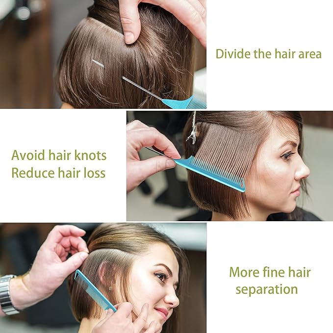 Long Steel Pin Rat Tail Combs Set: 3 Pieces Teasing Hair Combs for Salon Stylists - Includes Metal Parting Combs for Women (Blue)