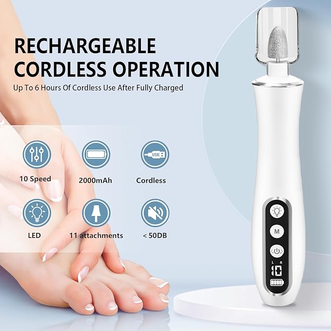 Electric Nail File Drill, Cordless 2000 mAh Rechargeable Nail Filer Electric, Portable Nail Dril 10 Speeds Professional Machine Drill for Nails Acrylic Manicure and Thick Toenails Grinder (White)