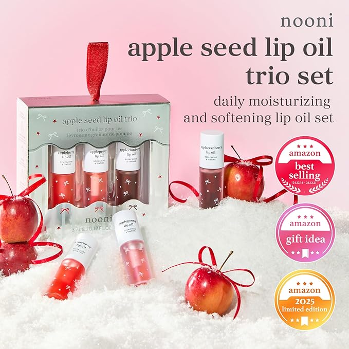 NOONI Korean Lip Oil Gift Set - Apple Seed Lip Oil Trio | Korean Lip Stain Long Lasting Hydration, Moisturizing, Glowing Korean Lip, Plumping, Stocking Stuffers Travel Size Mini Set 0.12 Fl. Oz. x 3ea