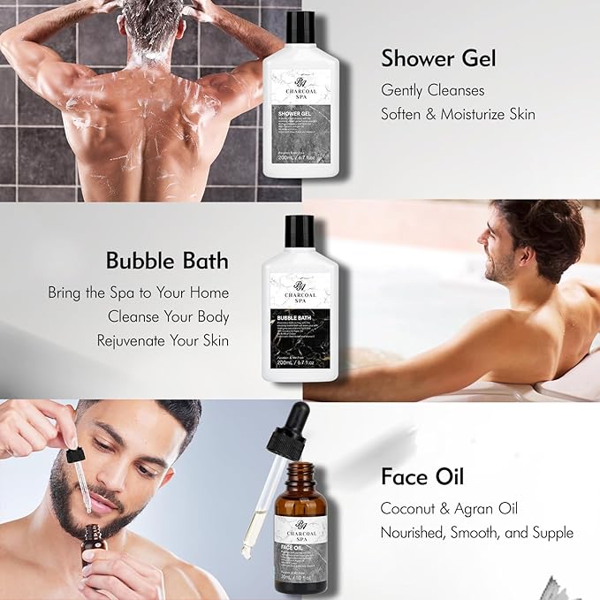 Valentines Day Gifts for Men & Women, 23pcs Bath and Body Gift Basket, Charcoal Luxury Home Spa Kit, Leather Bag, Face Oil, Birthday, Self Care Kit, Christmas, Holiday, Father's Day, Mother Day