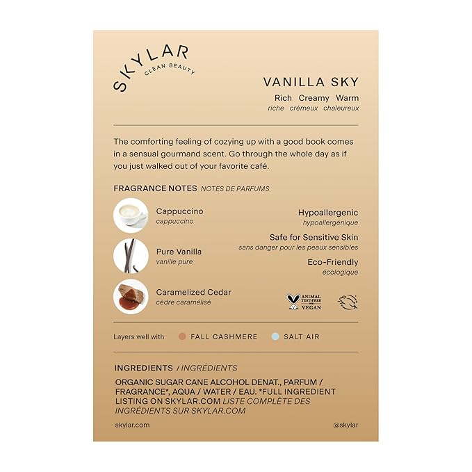 Skylar Vanilla Sky Eau de Parfum -Hypoallergenic & Clean Perfume for Women & Men, Vegan & Safe for Sensitive Skin- Notes of Cappuccino, Vanilla & Caramelized Cedar - 50mL /1.7 Fl oz