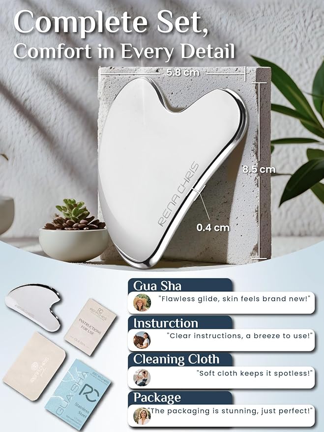 Rena Chris Gua Sha Facial Tools, Stainless Steel Guasha Tool for Acupuncture, Manual Massage Tool for Jawline Sculpting and Puffiness Reducing, Gua Sha Facial Massage Tool, Skin-Care Gift