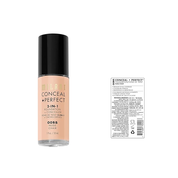 Milani Conceal + Perfect 2-in-1 Foundation + Concealer for a Flawless Complexion, Under Eye Corrector, Cover Redness and Imperfections, Waterproof and Sweatproof - Nude