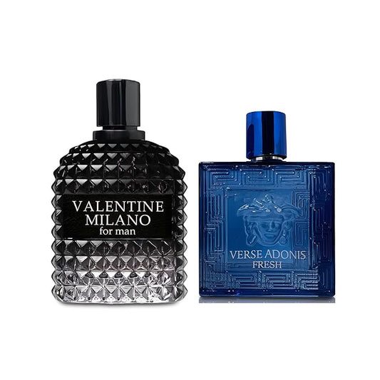 2PCS Valentine Milano/Verse Adonis Fresh Eau De Toilette for Men-Fresh,Romantic Scent Perfume for Men 3.4 Fl Oz Each Mens Cologne For All Skin Daily Used