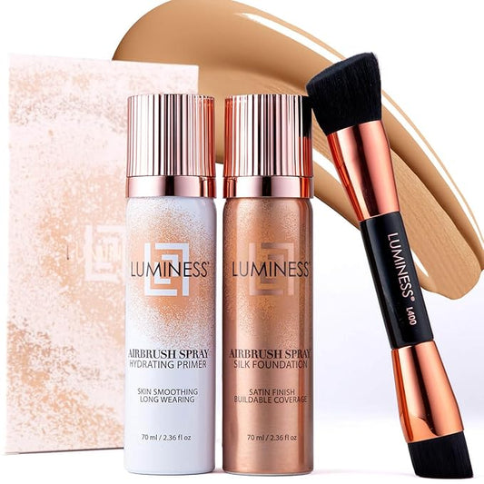 LUMINESS Silk Airbrush Spray Foundation Makeup Starter Kit - Full Coverage Foundation, Primer & Dual-Sided Angled Buffing Brush - Medium Warm