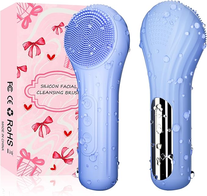Silicone Face Scrubber, Waterproof Electric Facial Cleansing Brush for Men & Women, Rechargeable Face Scrubber with 5 Modes for Deep Cleansing, Exfoliating, Massage (Blue)