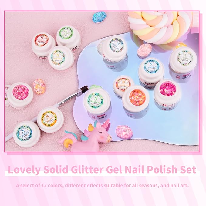 Glitter Gel Nail Polish Set -12 Colors Sparkle Sequins Gel Polish Resplendent Colorful Trendy Translucent Glitter Solid Nail Polish Kit Soak Off UV LED for Home DIY Salon with Brush