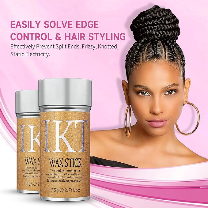 Hair Wax Stick, Slick Back Styling Set for Puffs and Wigs - 4 Combs: Edge Brush, Rat Tail for Separation, Loose Hair Brush, Non-Greasy Finish for Styling