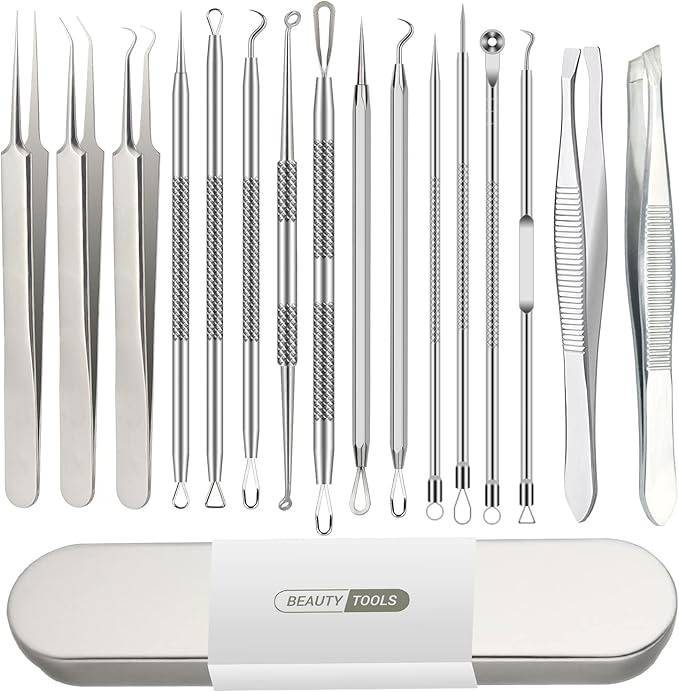 16 Pcs Pimple Popper Kit - Blackhead Remover & Acne Extractor Tool - Professional Stainless Steel Tweezers for Eyebrows, Pimples & Blemishes - Tools for Beauty Salons
