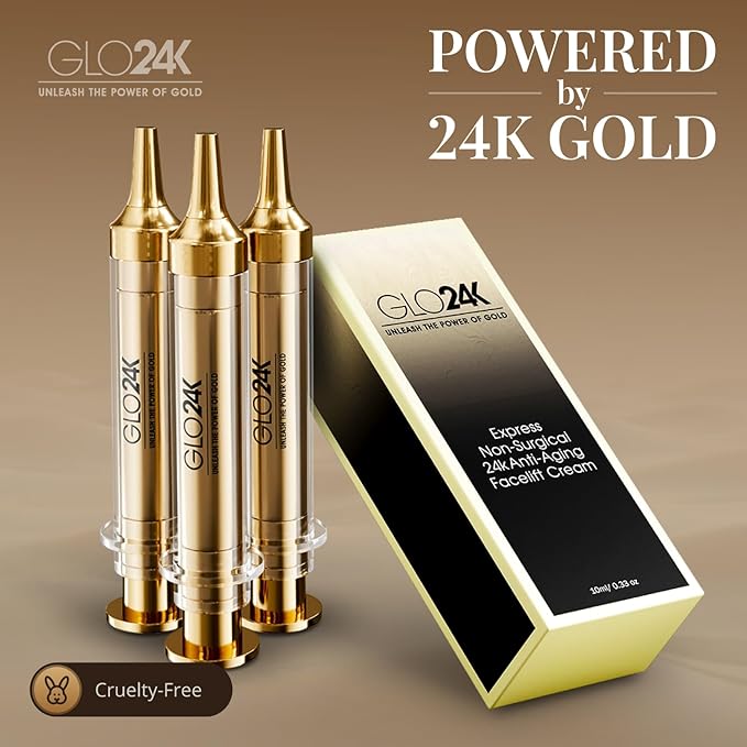 GLO24K Instant Facelift Cream with 24k Gold, Hyaluronic Acid, Peptides, and Vitamins. Value Pack of 6. A powerful non-invasive alternative to injections.