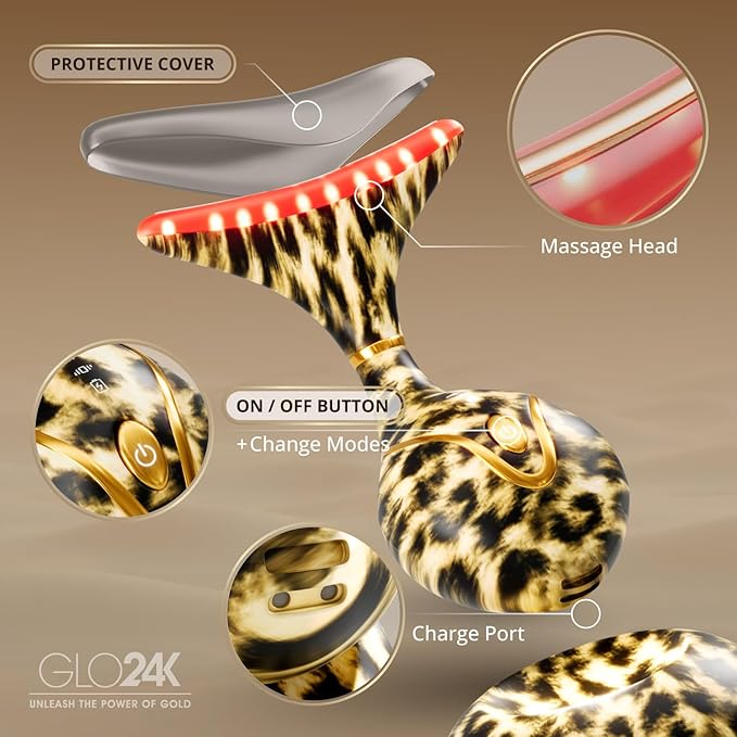 GLO24K Red Light for Face and Neck Beauty Device – Triple LED Action & Vibration Technology Facial Massager and Neck Comfort Device for Women