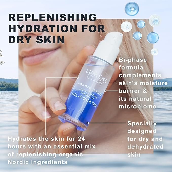 Lumene Nordic Hydra Moisturizing Prebiotic Oil-Cocktail - Nurturing Bi-Phase Face Oil for Dehydrated Skin & Skin Barrier Repair - Essential Nordic Mix & Hydrating Oil for Dry Skin (30ml)