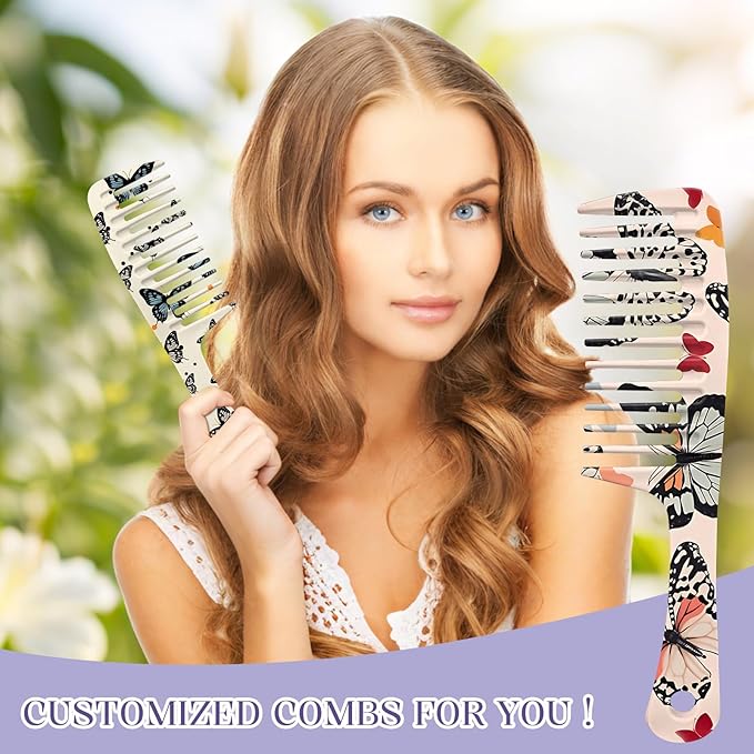 2PCS Wide Tooth Comb,Effortless Tangle Removal for Long Hair Styling Comb for Curly,Wet,Cute Aesthetic Design for Women Men and Girls(Yellwo-Butterfly-05)
