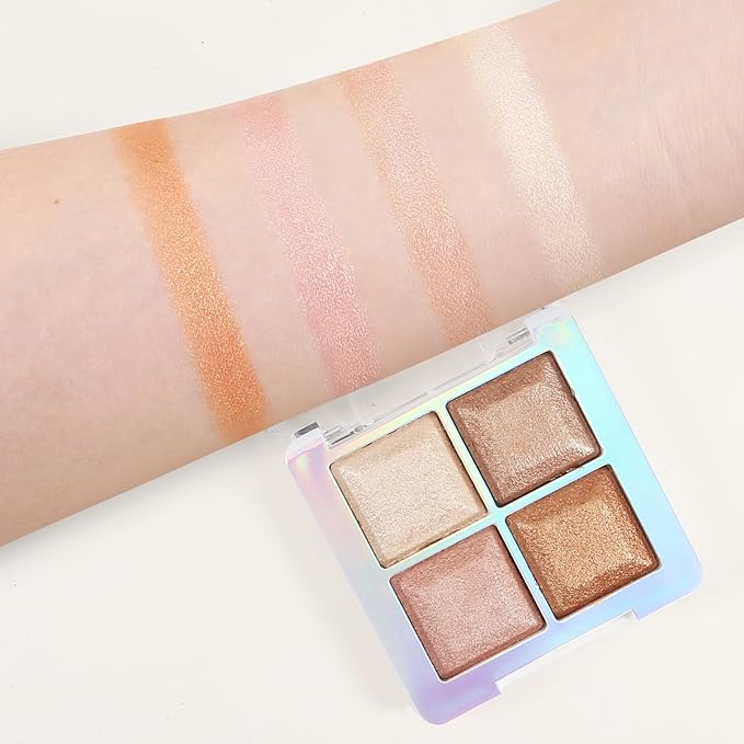 Boobeen Blush and Highlighter Palette- 4-color Metallic Shimmer Shadow Powder, Illuminator Makeup Set for Shading, Highlighting & Defining the Face