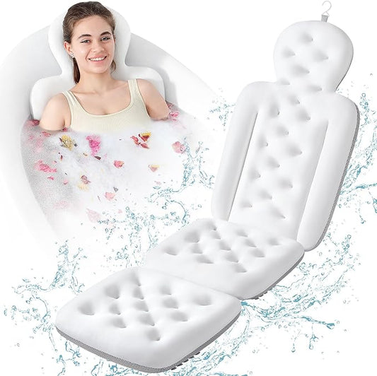 Luxury Bath Cushion, Full Body Bathtub Pillow with 160 Suction Cups, Bath Mat for Head and Neck Support, with Laundry Bag (White, 56.2" x 16.2")