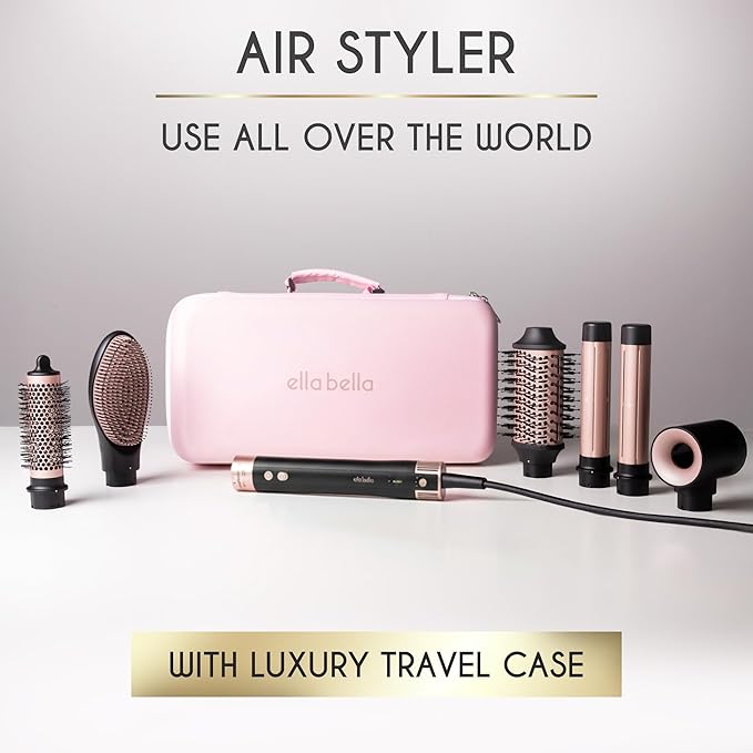 ELLA BELLA® 6 in 1 Professional Hot Air Styler Dual Voltage • Powerful Hair Dryer & Straightener Set • Styling Without Heat Damage • Fast Drying Curling Volumizing Straightening • with Travel Case