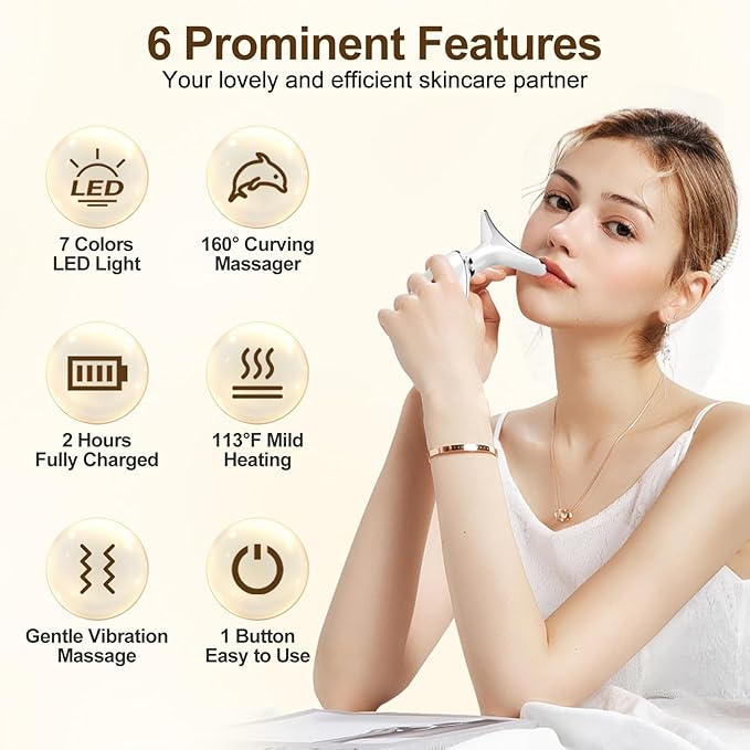 Face Beauty Device, 7 Color Multifunctional Facial Massager, Portable Face Massager Tool for Skin Care, Firming, Smoothing, Glossy White