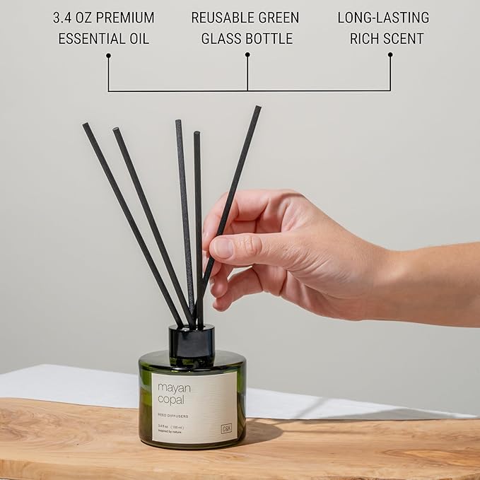 Craft & Kin Mayan Copal Christmas Reed Diffuser | All Natural Essential Oil & Rattan Scent Sticks | Winter Reed Diffusers for Home, Bathroom | Long Lasting Home Fragrance in Green Glass, 3.4oz