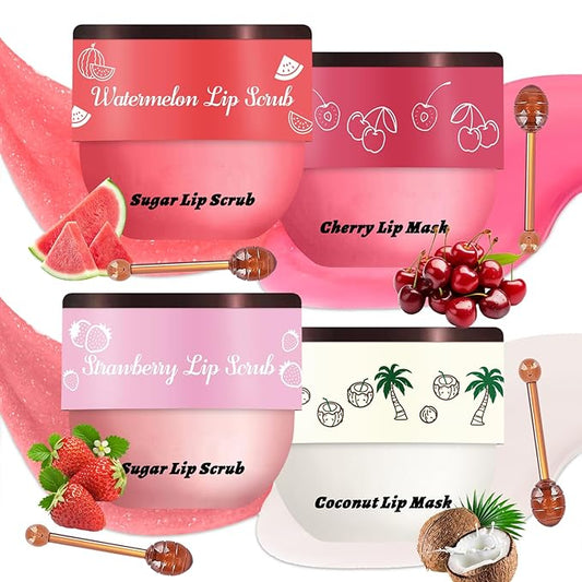 4 PCS Bee Lip Balm Honey Pot Lip Mask & Lip Scrub Set, Strawberry Watermelon Coconut Cherry Overnight Propolis Moisturizing Lip Balm Hydrating Prevention Dry and Crack Lip Exfoliator Lip Wrinkle Care