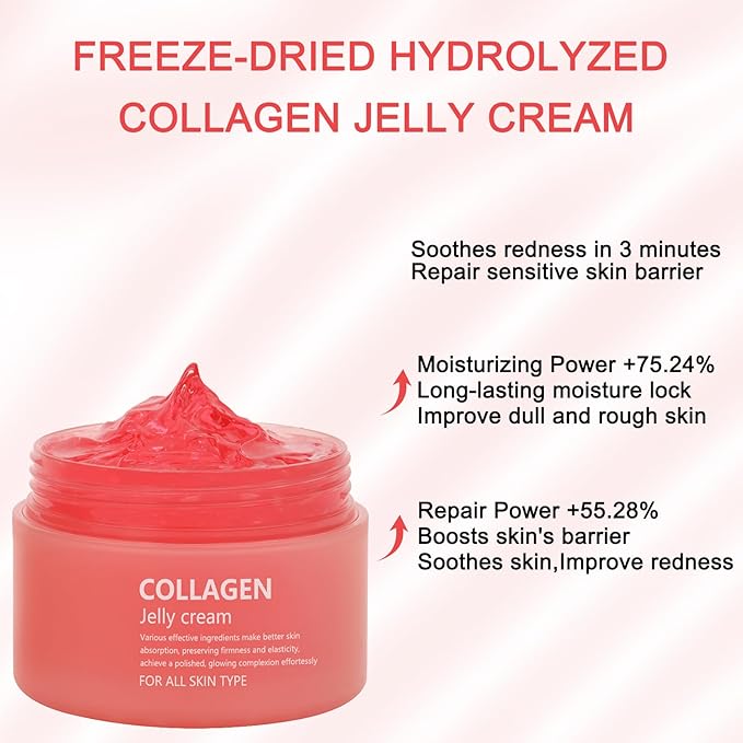 Collagen Jelly Cream - Contains Niacinamide & Freeze Dried Hydrolyzed Collagen -Elasticity & Hydration - Reduce Fine Lines & Dullness - Korean Glass-Shiny Skin Suitable for All Skin Types (3.38 Fl.Oz)