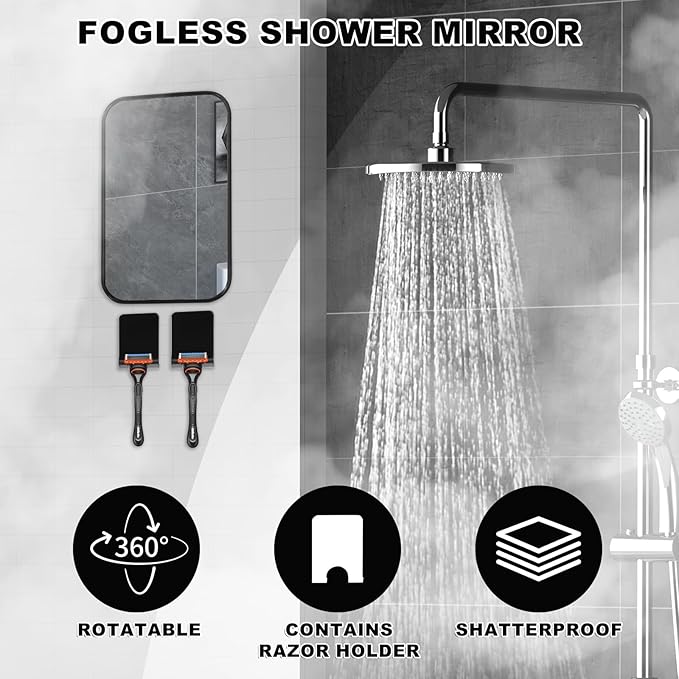 Shower Mirror Anti-Fog Shaving Mirror 4.1 * 6.5 Inch Anti-Fog Shower Mirror Swivel Bathroom Mirror Shower Accessories Bathroom Accessories with 2 Razor Holders (Black)